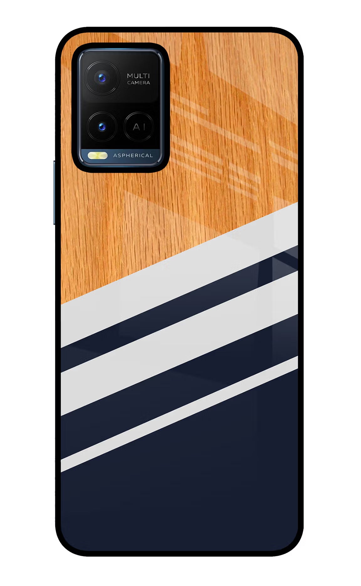 Blue and white wooden Vivo Y21/Y21s/Y33s Glass Case Back Cover by Casekaro