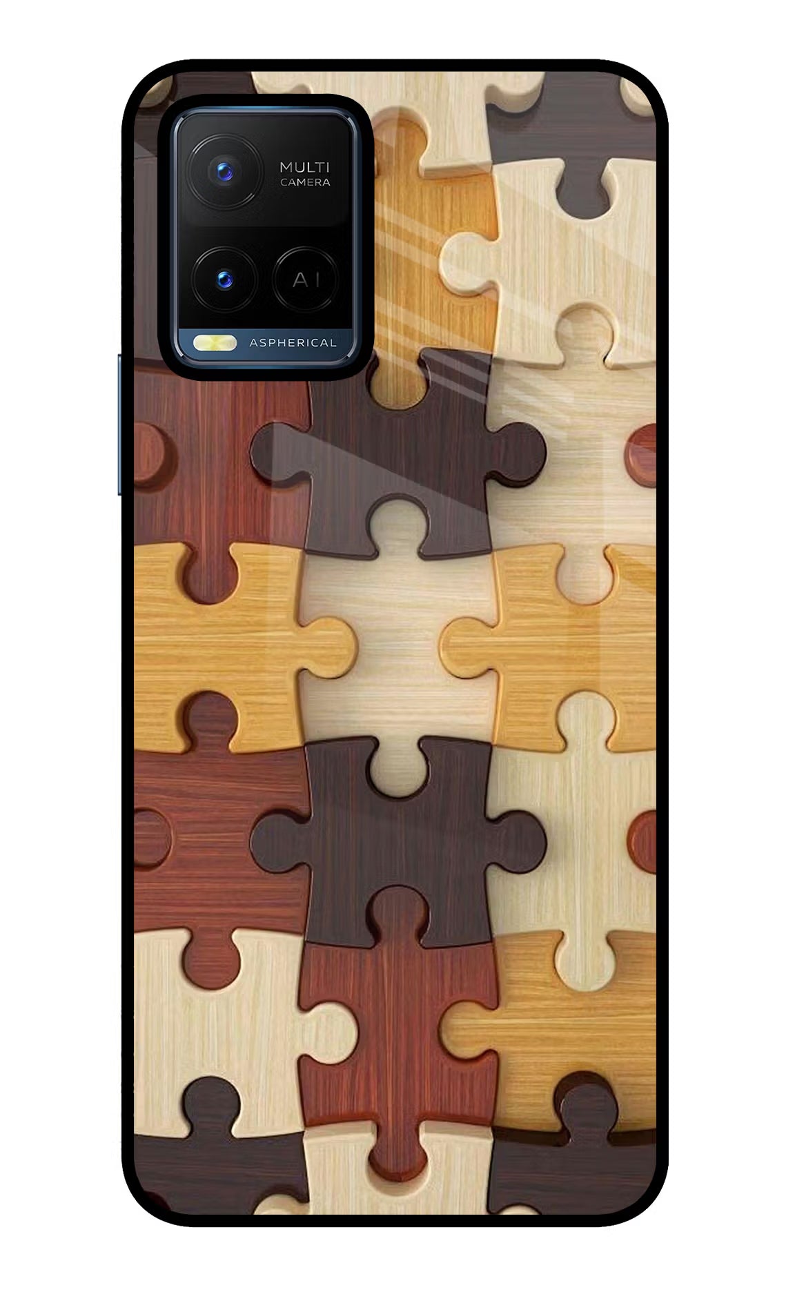 Wooden Puzzle Vivo Y21/Y21s/Y33s Glass Case Back Cover by Casekaro