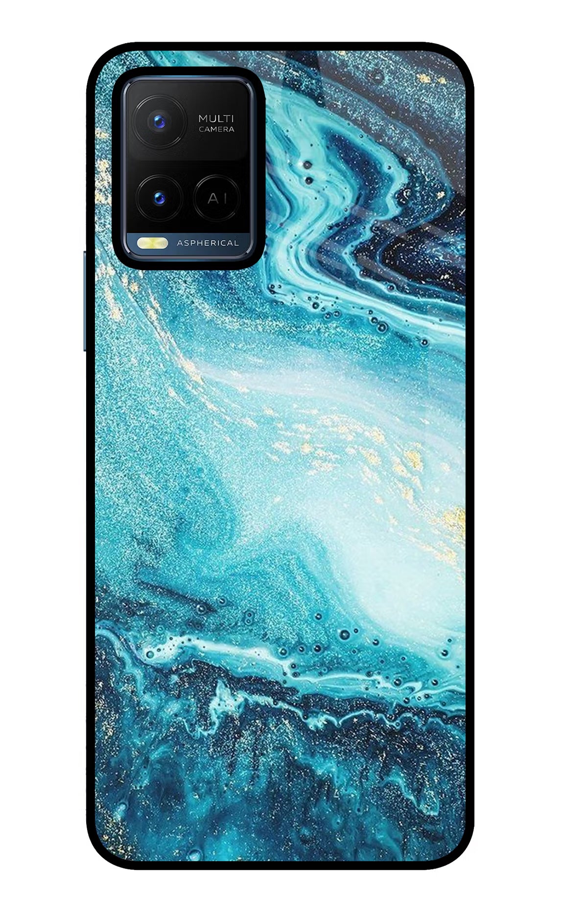 Blue Glitter Marble Vivo Y21/Y21s/Y33s Glass Case Back Cover by Casekaro