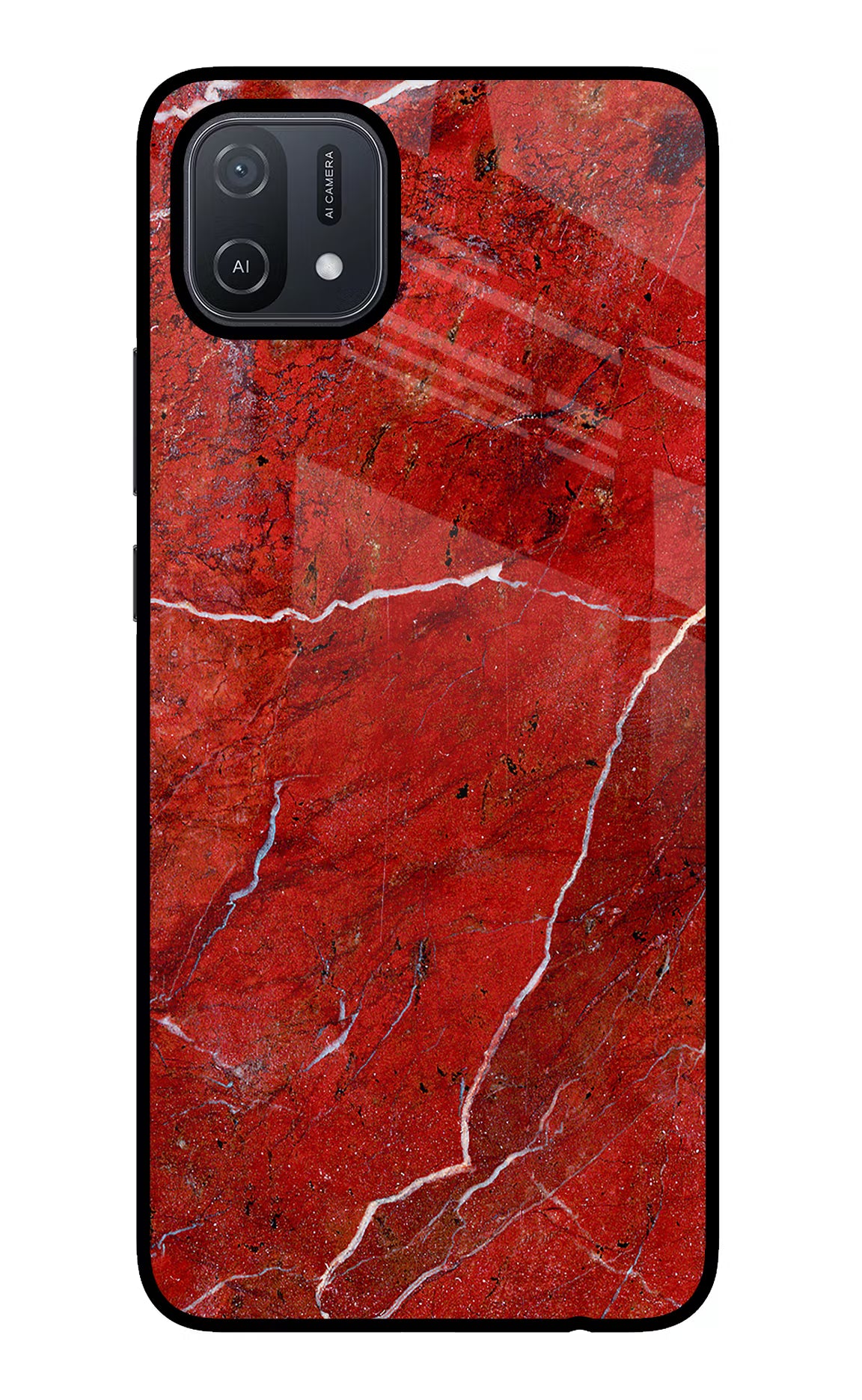 Red Marble Design Oppo A16 Glass Case Back Cover by Casekaro