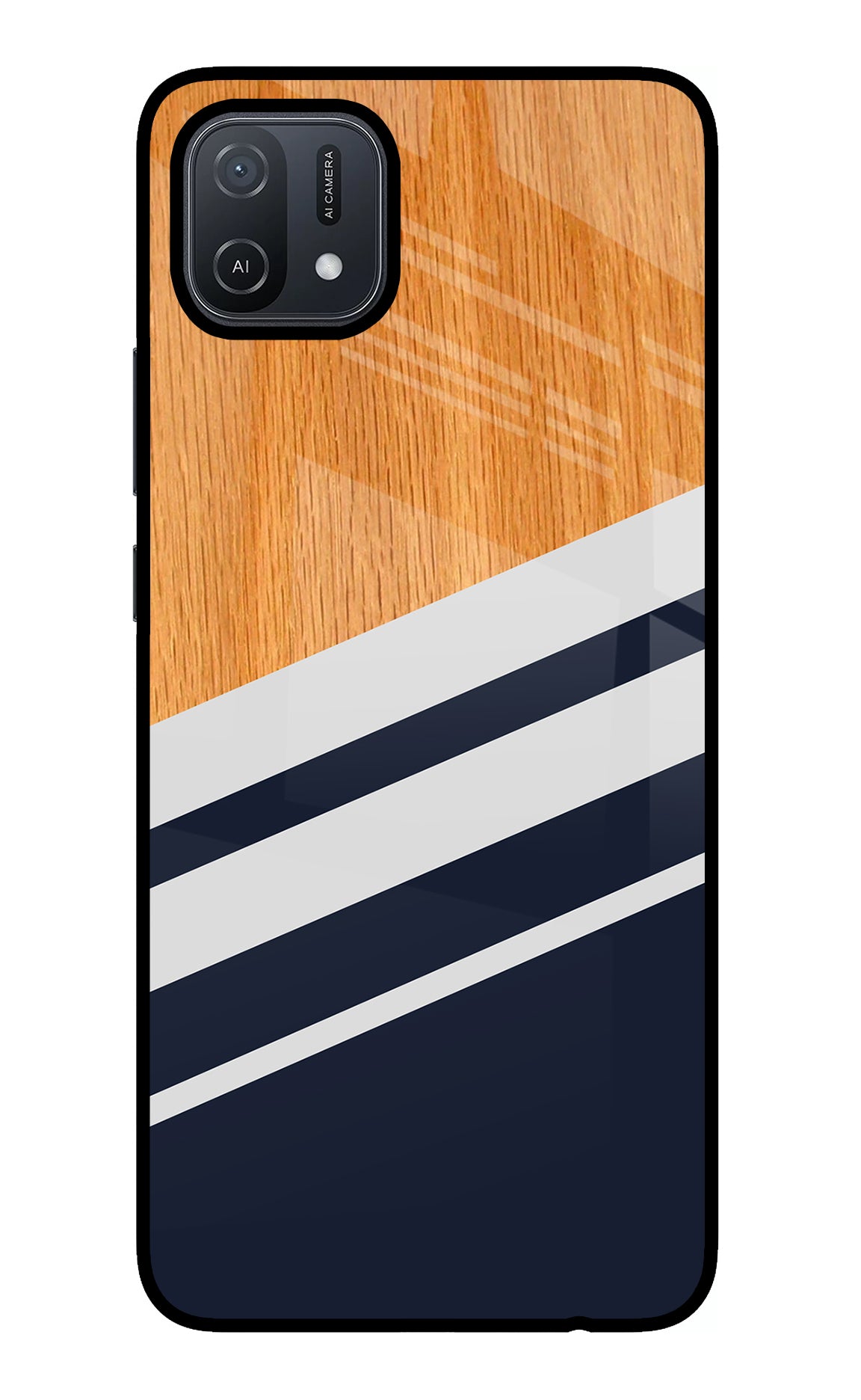 Blue and white wooden Oppo A16 Glass Case