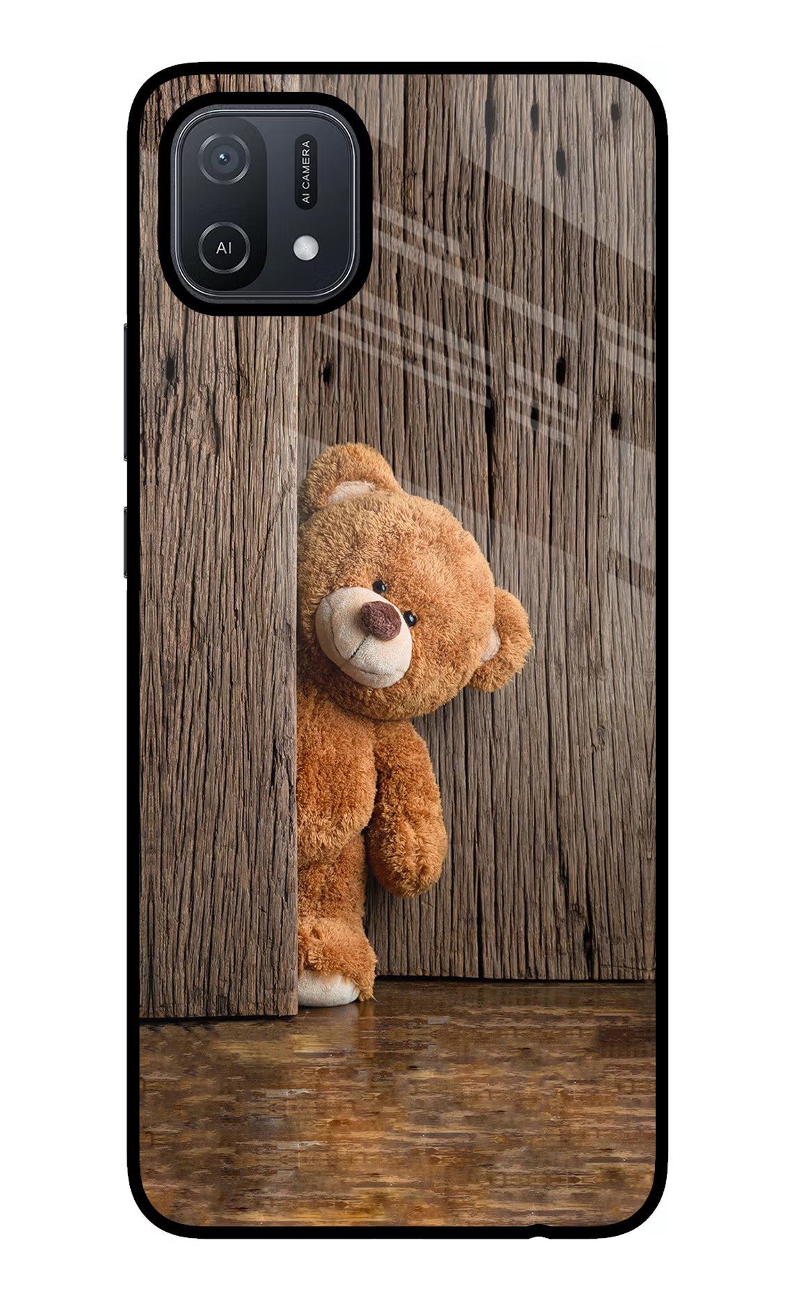 Teddy Wooden Oppo A16 Glass Case Back Cover by Casekaro