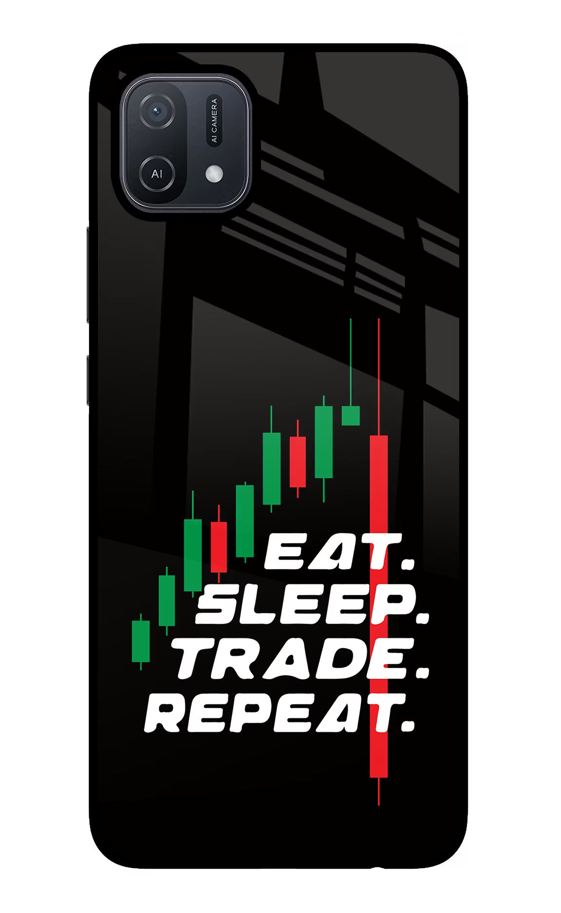 Eat Sleep Trade Repeat Oppo A16 Glass Case Back Cover by Casekaro