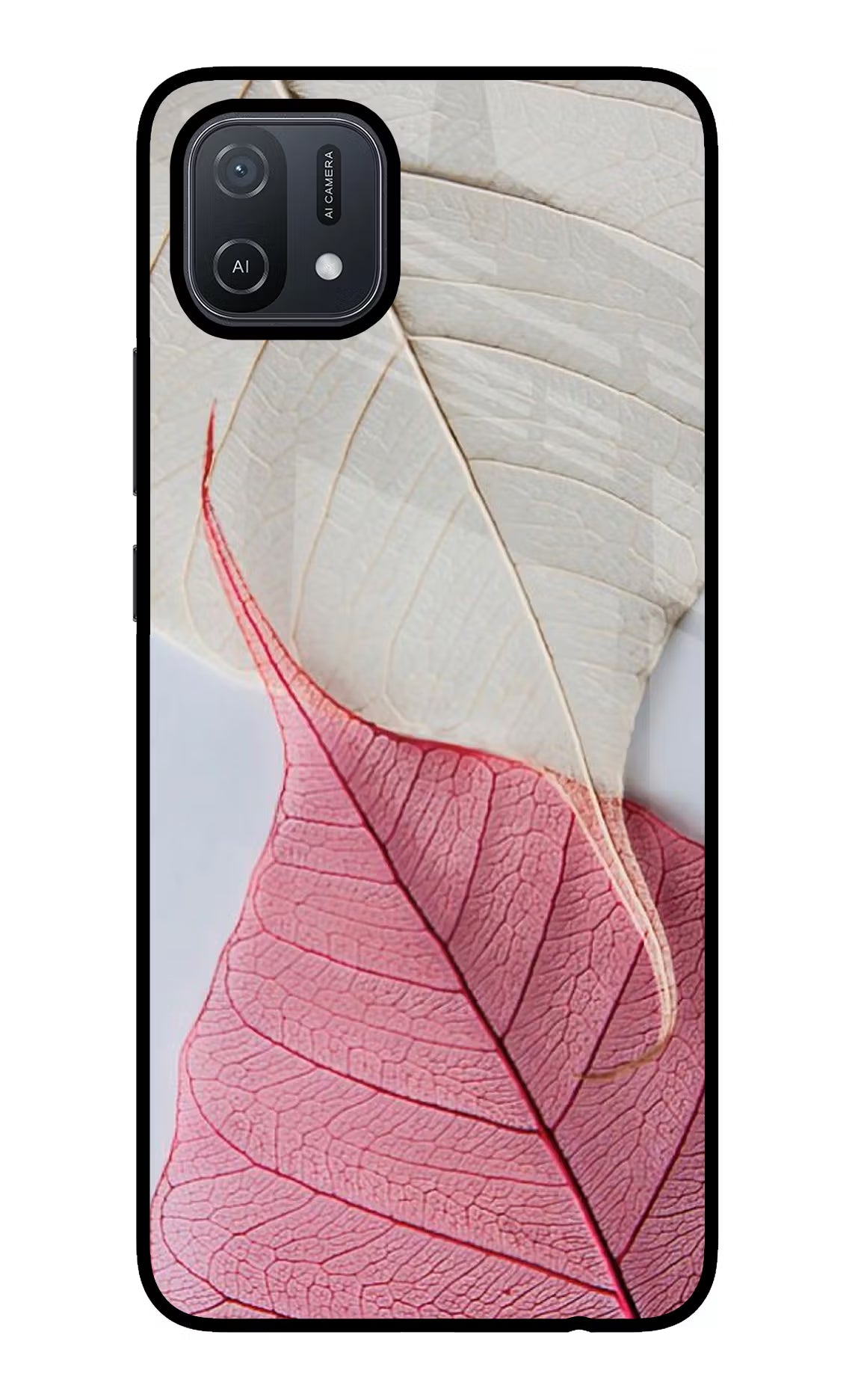 White Pink Leaf Oppo A16 Glass Case Back Cover by Casekaro