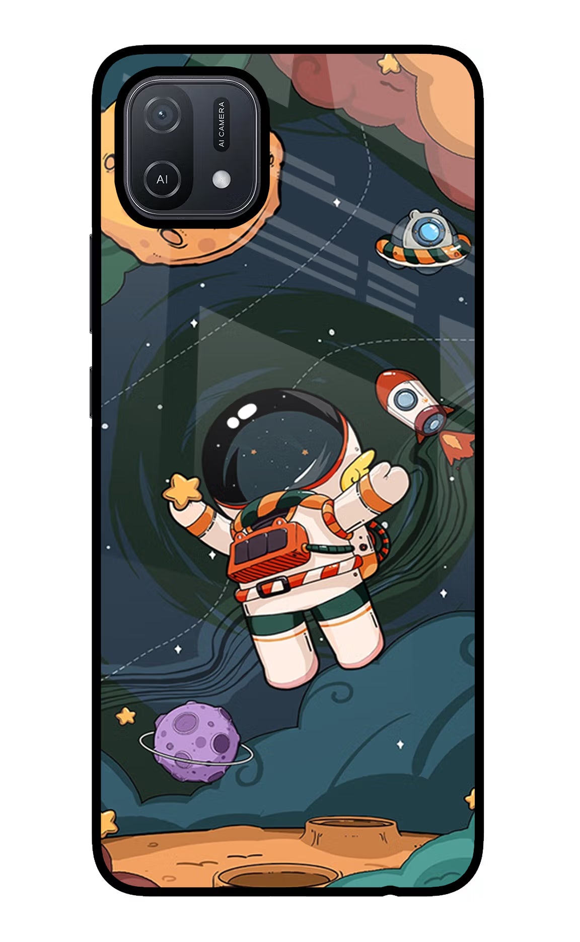 Cartoon Astronaut Oppo A16 Glass Case Back Cover by Casekaro