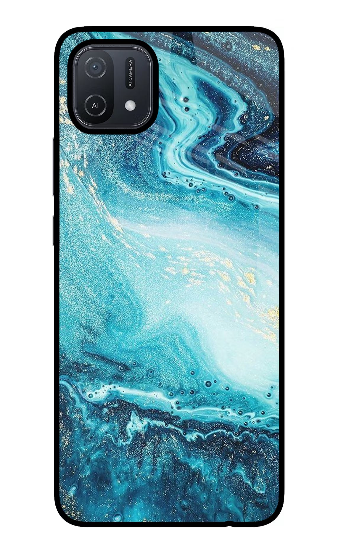 Blue Glitter Marble Oppo A16 Glass Case Back Cover by Casekaro