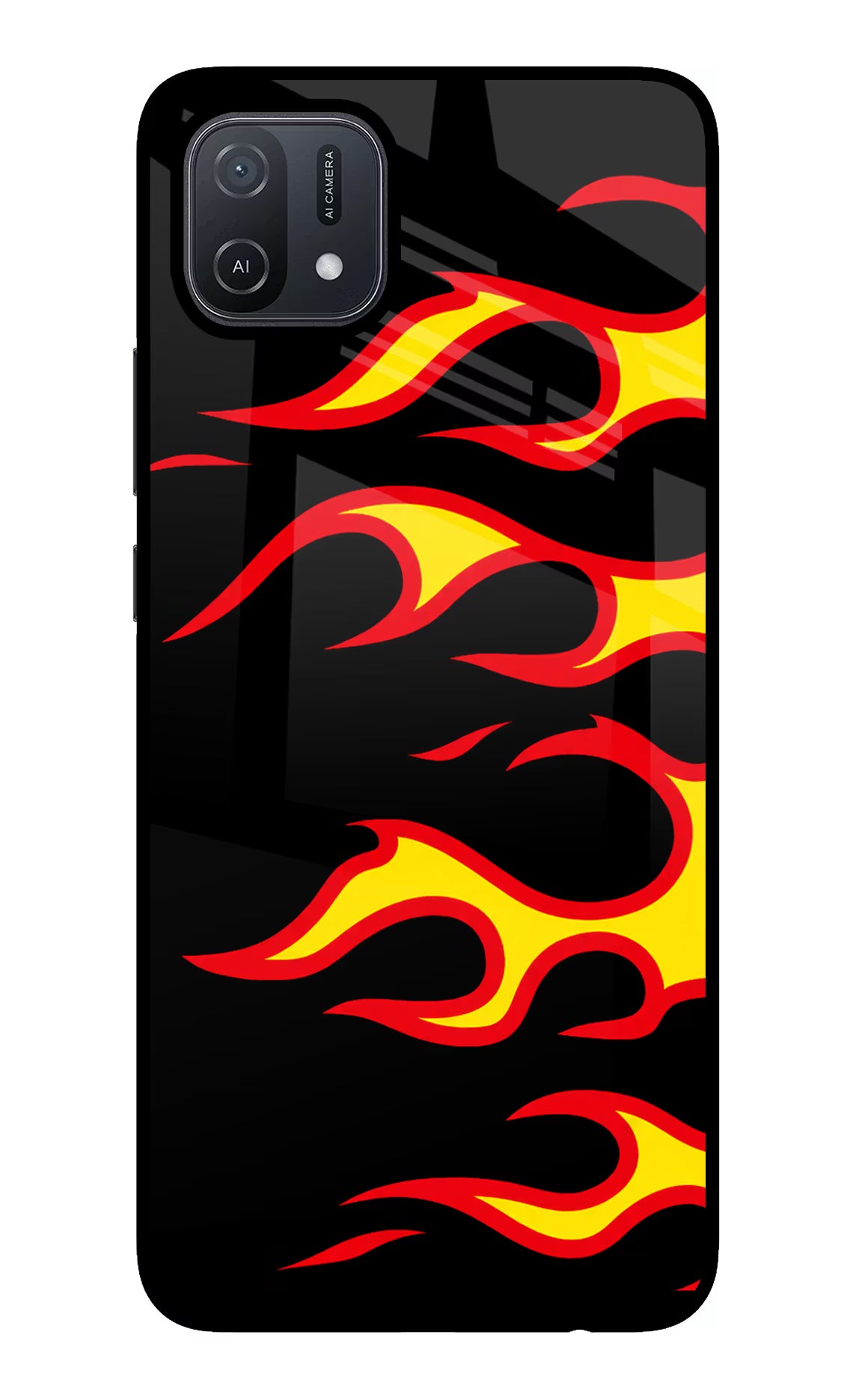 Side Sweep Flames Oppo A16 Glass Case Back Cover by Casekaro