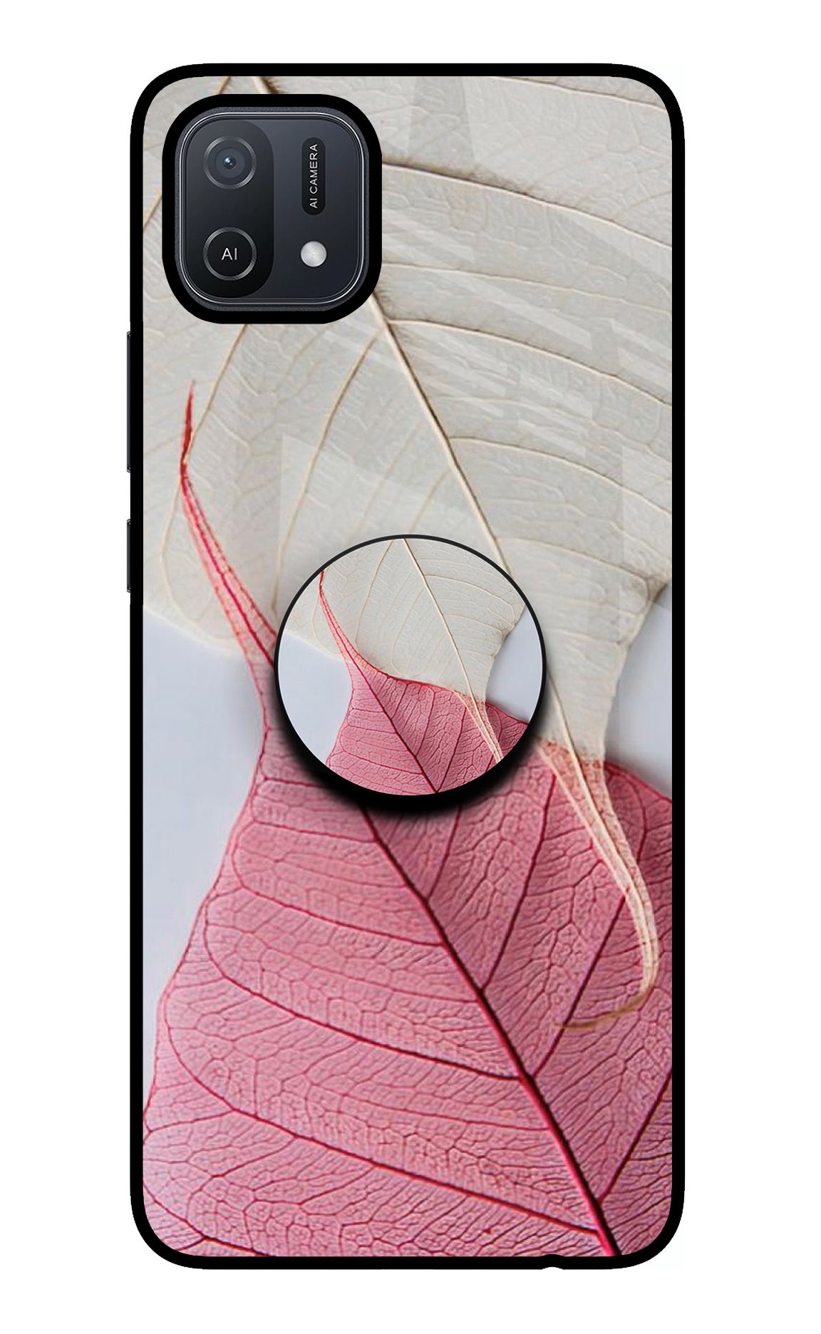 White Pink Leaf Oppo A16 Glass Case