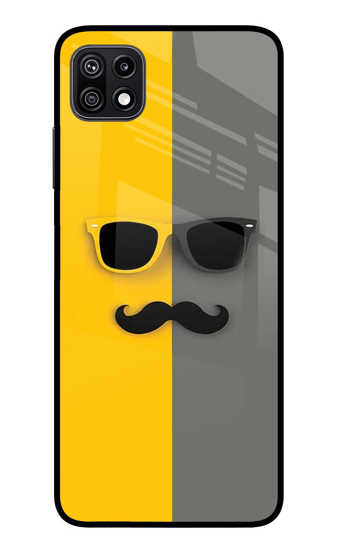 Sunglasses with Mustache Samsung F42 5G Glass Case Back Cover by Casekaro