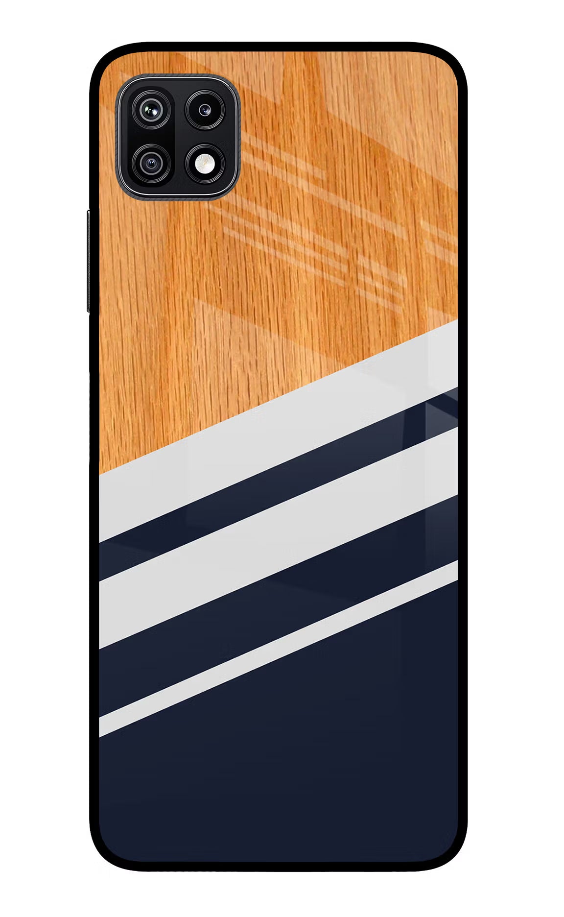 Blue and white wooden Samsung F42 5G Glass Case Back Cover by Casekaro