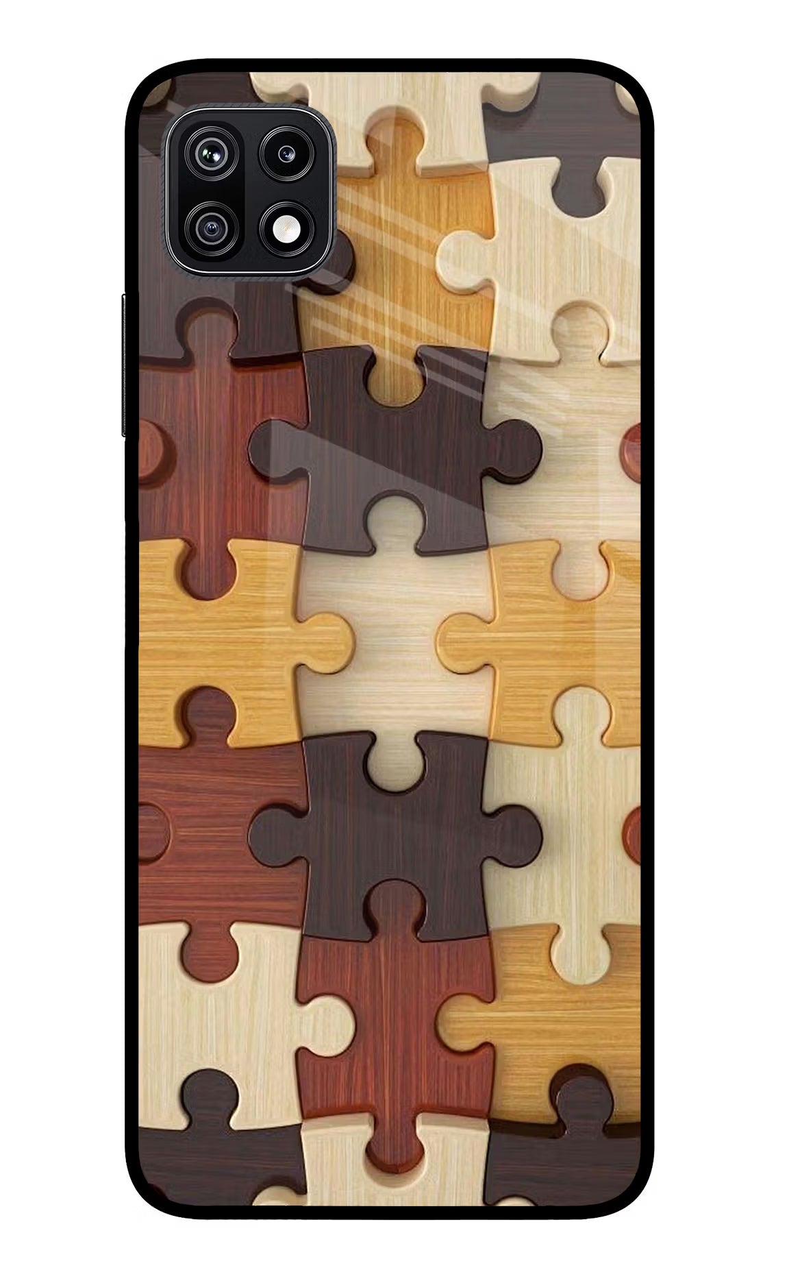 Wooden Puzzle Samsung F42 5G Glass Case Back Cover by Casekaro