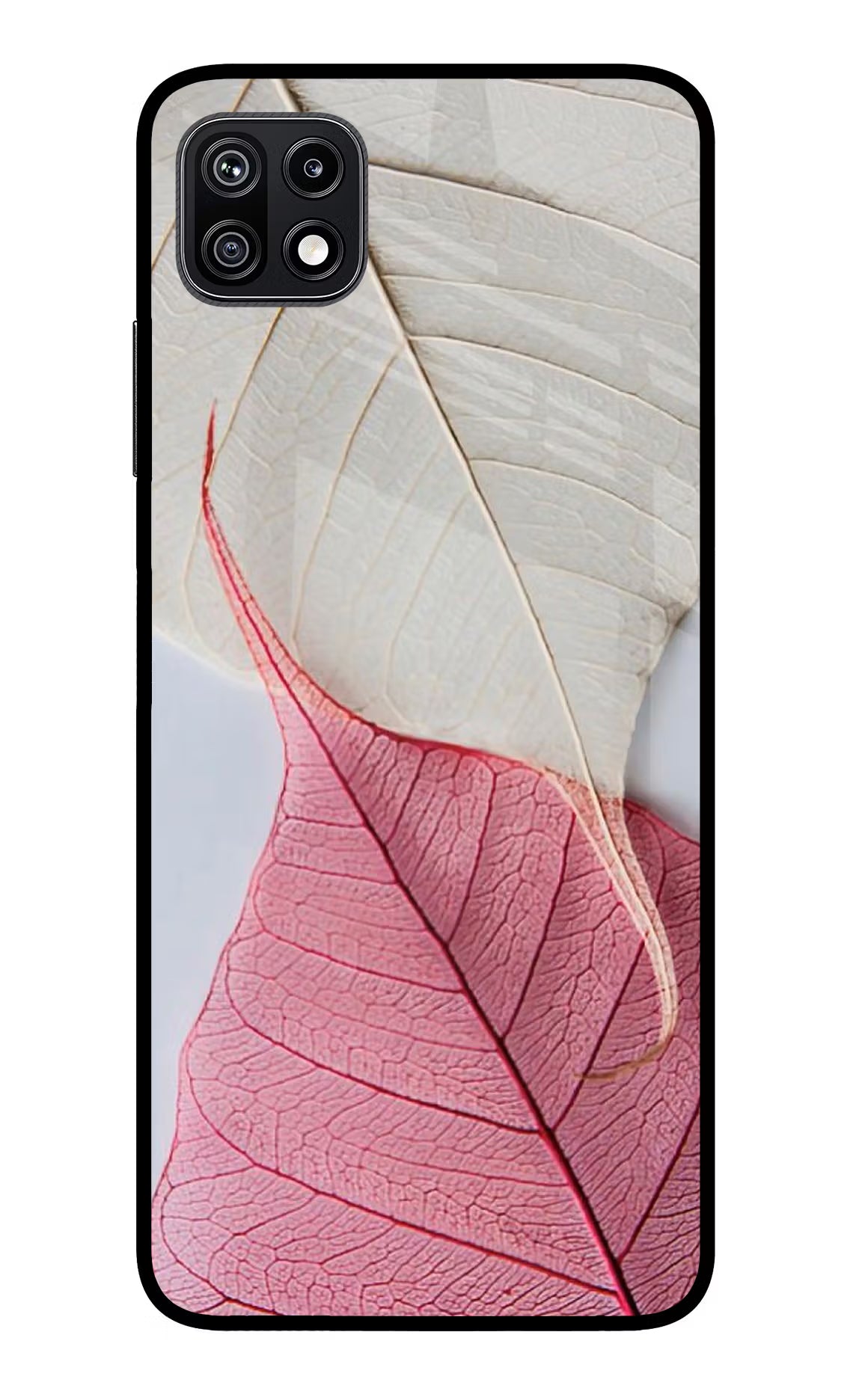 White Pink Leaf Samsung F42 5G Glass Case Back Cover by Casekaro