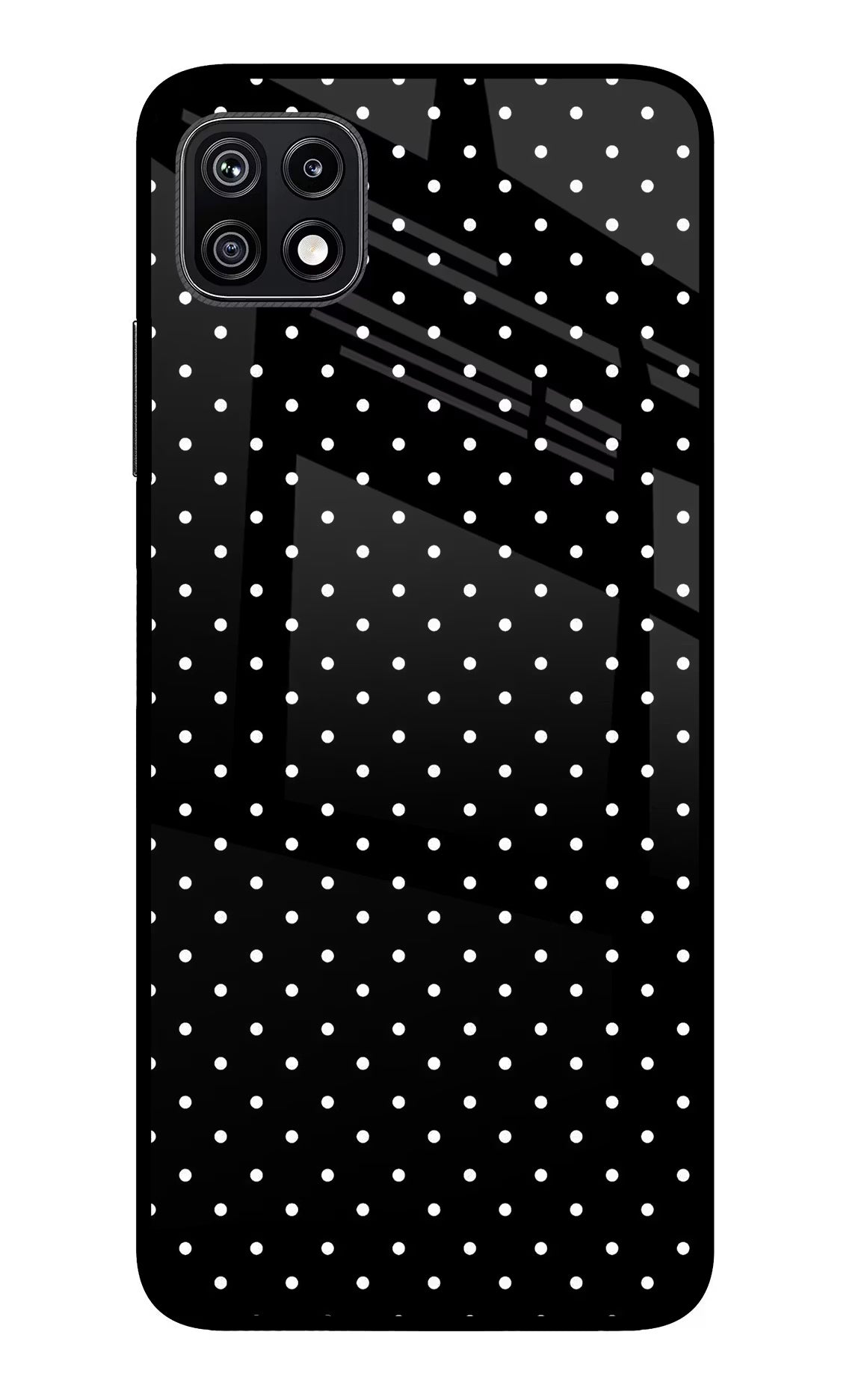 White Dots Samsung F42 5G Glass Case Back Cover by Casekaro
