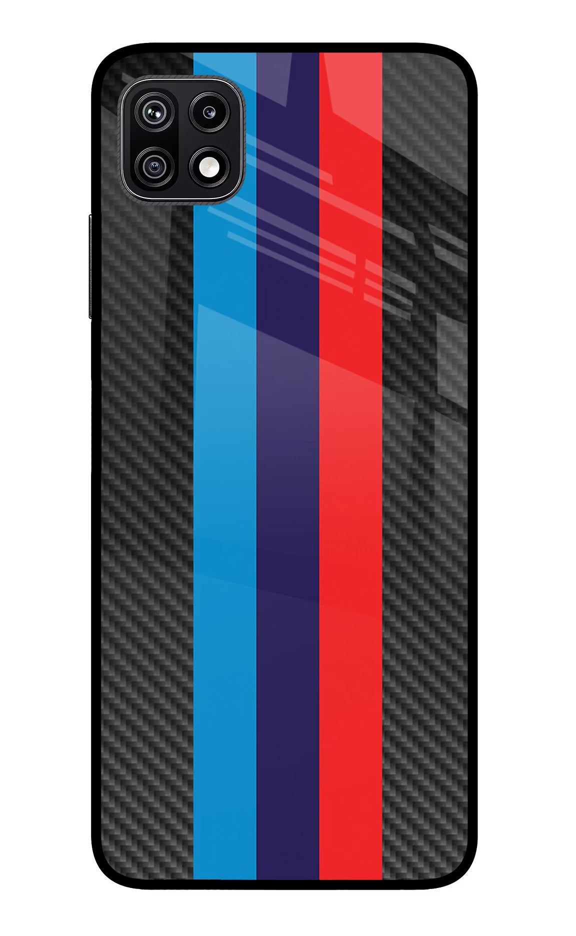 BMW Stripes Pattern Samsung F42 5G Glass Case Back Cover by Casekaro