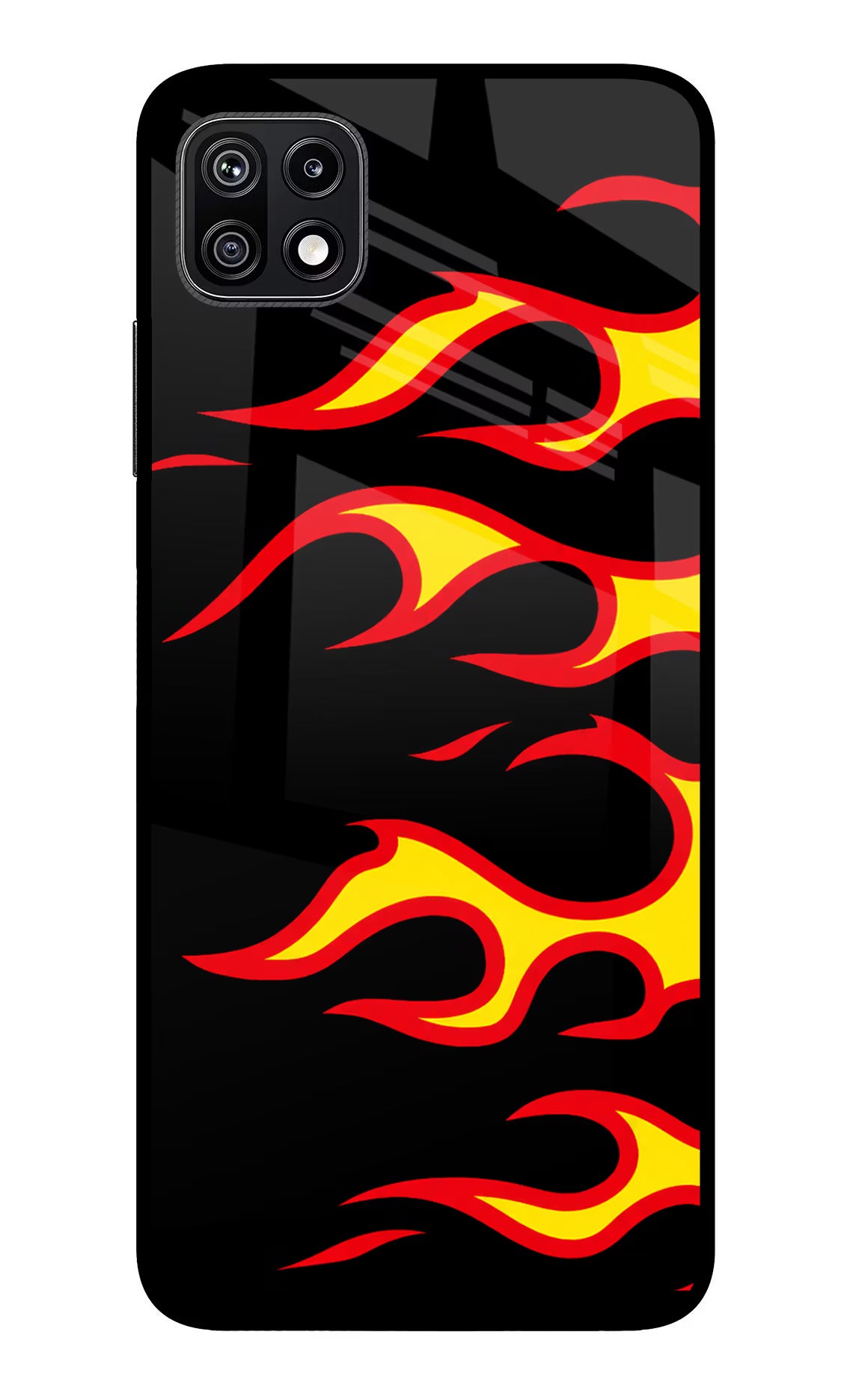 Side Sweep Flames Samsung F42 5G Glass Case Back Cover by Casekaro
