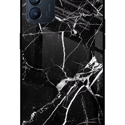 Black Marble Pattern Oppo Reno6 5G Glass Case Back Cover by Casekaro
