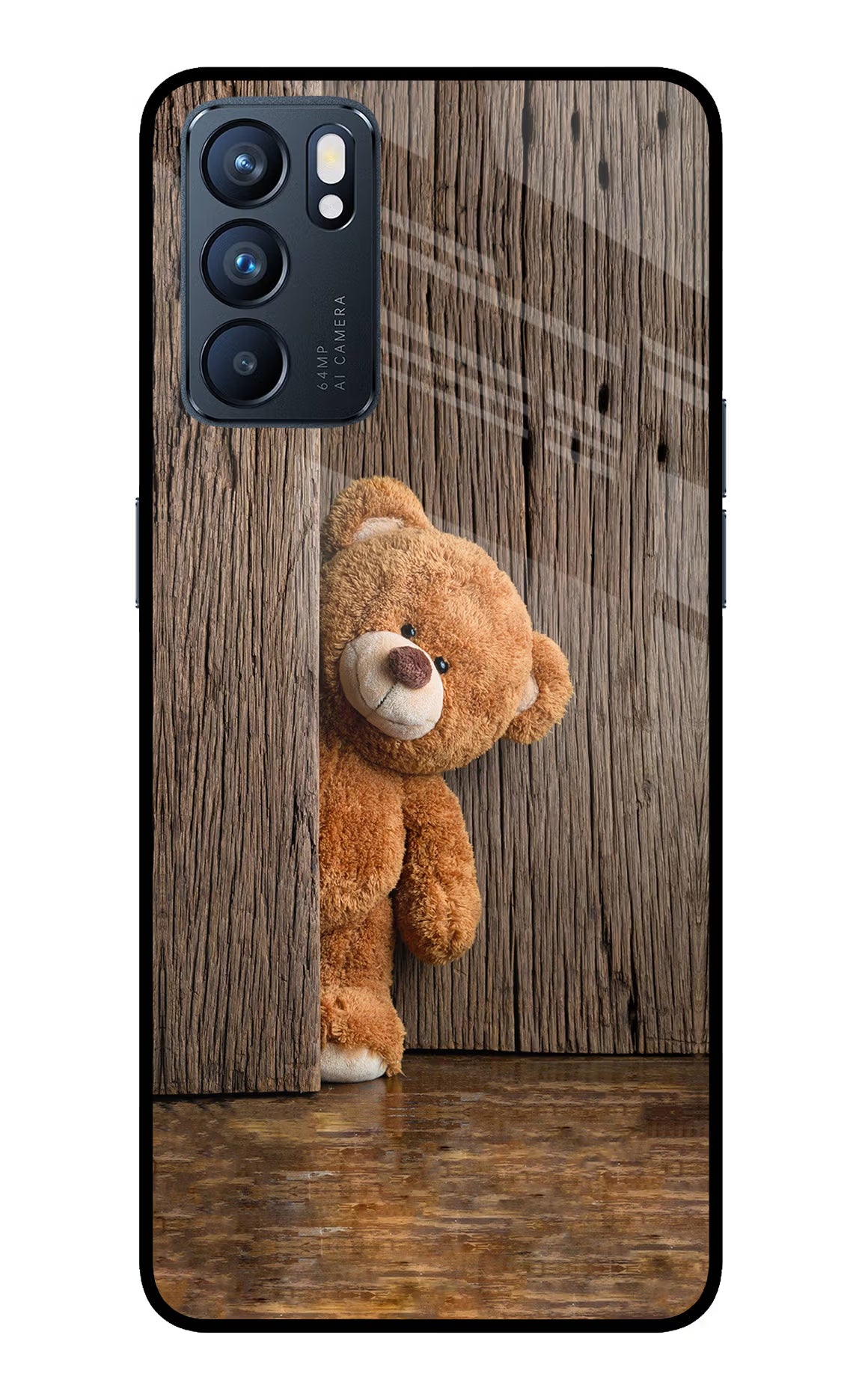 Teddy Wooden Oppo Reno6 5G Glass Case Back Cover by Casekaro
