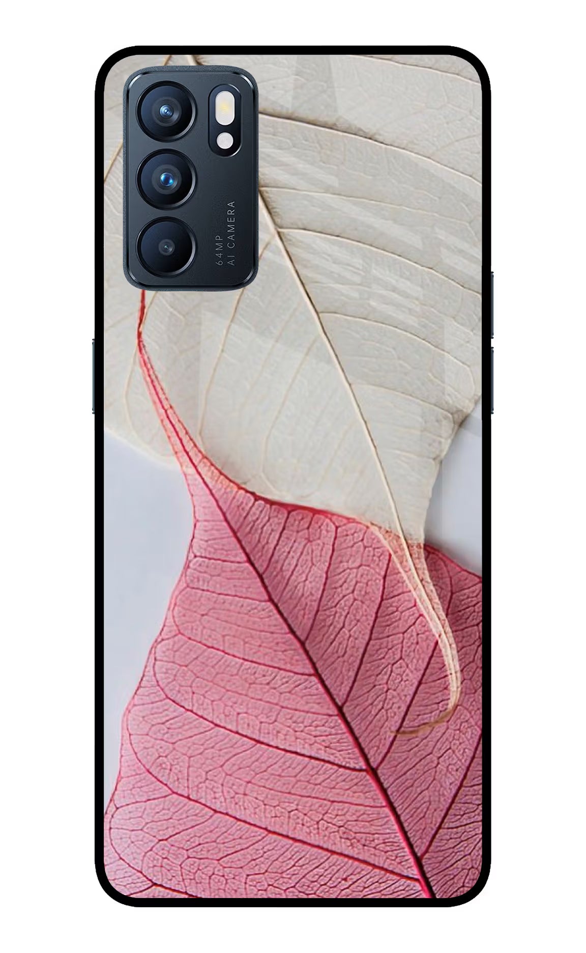 White Pink Leaf Oppo Reno6 5G Glass Case Back Cover by Casekaro