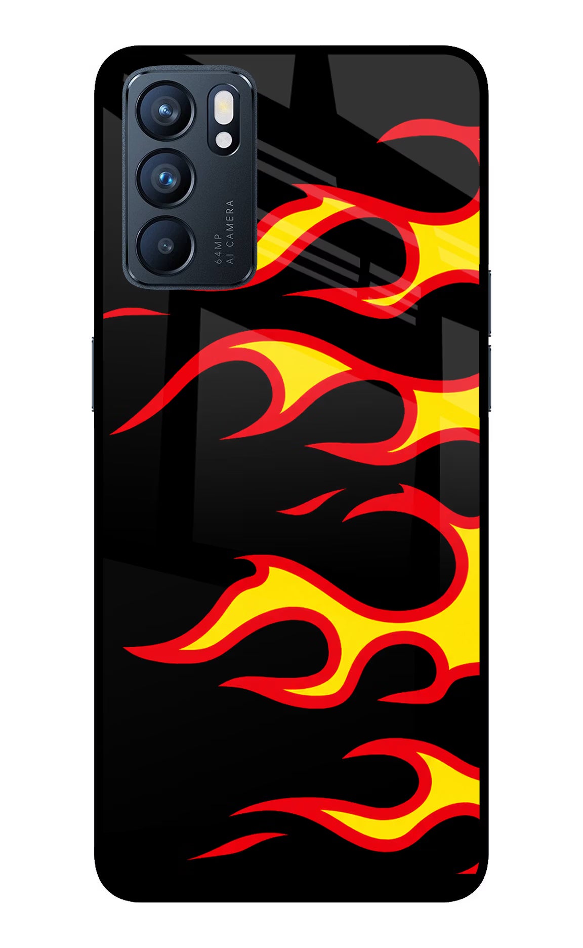 Side Sweep Flames Oppo Reno6 5G Glass Case Back Cover by Casekaro