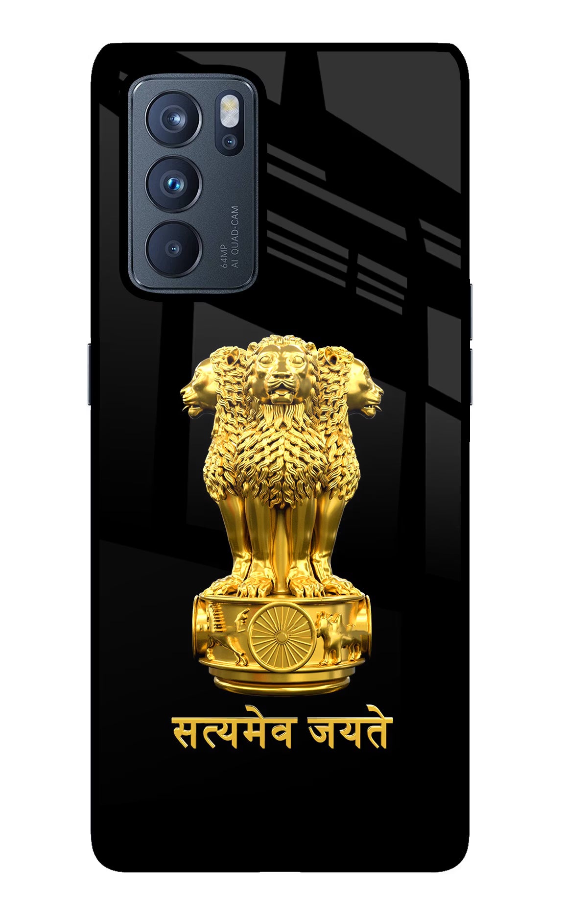 Satyamev Jayate Golden Oppo Reno6 Pro 5G Glass Case Back Cover by Casekaro