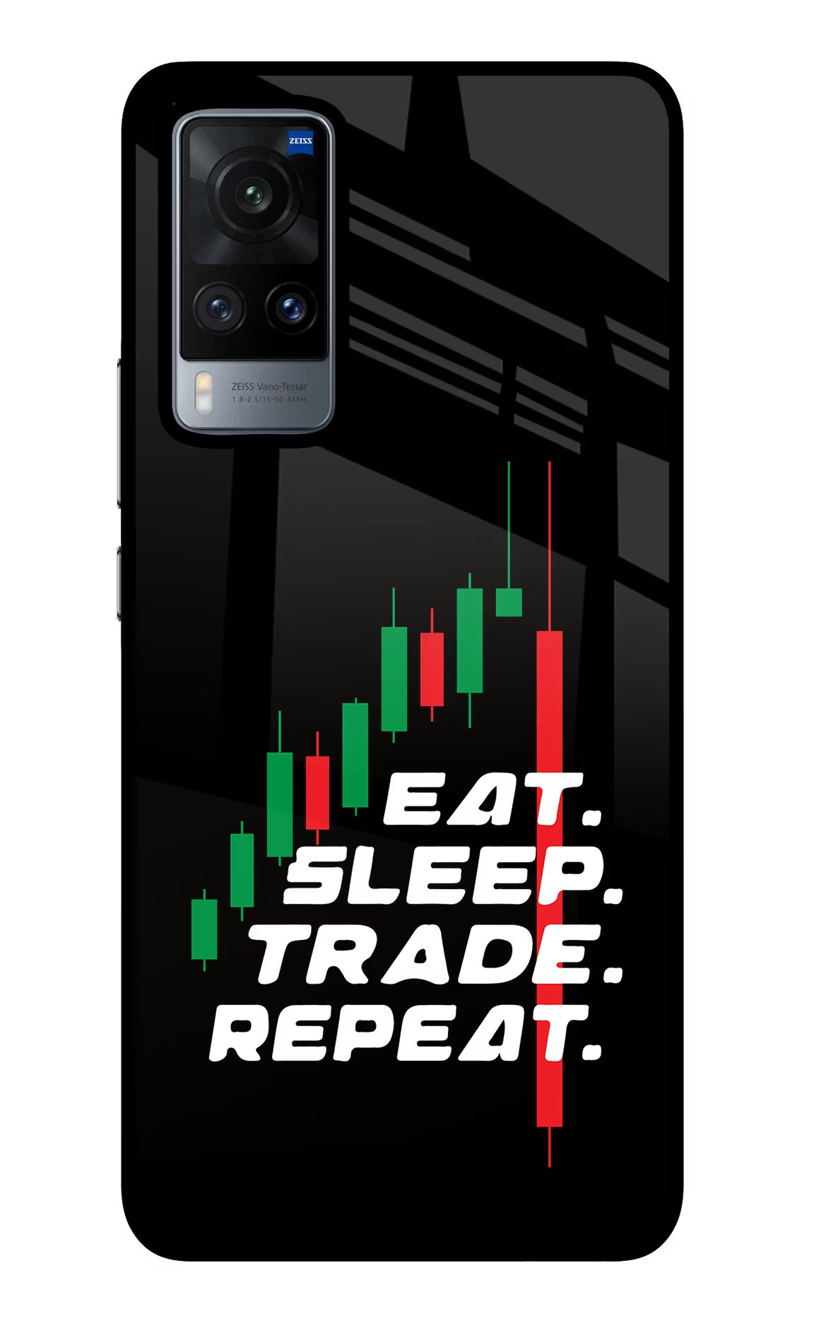Eat Sleep Trade Repeat Vivo X60 Glass Case Back Cover by Casekaro