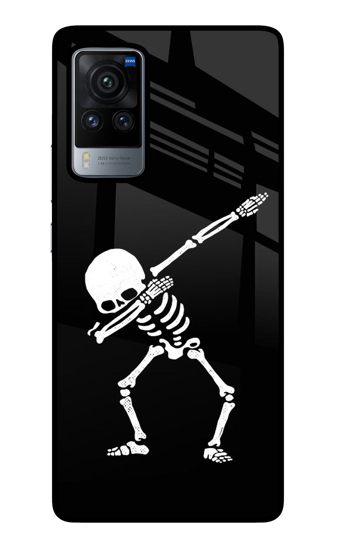Dabbing Skeleton Art Vivo X60 Pro Glass Case Back Cover by Casekaro