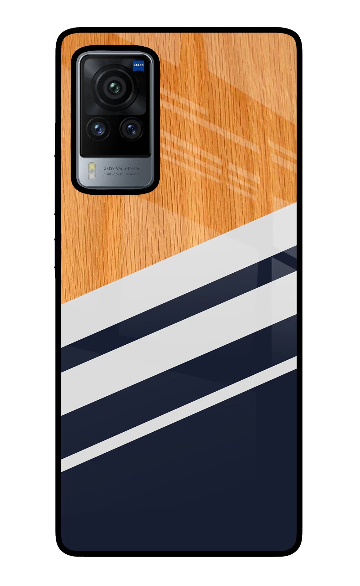 Blue and white wooden Vivo X60 Pro Glass Case Back Cover by Casekaro