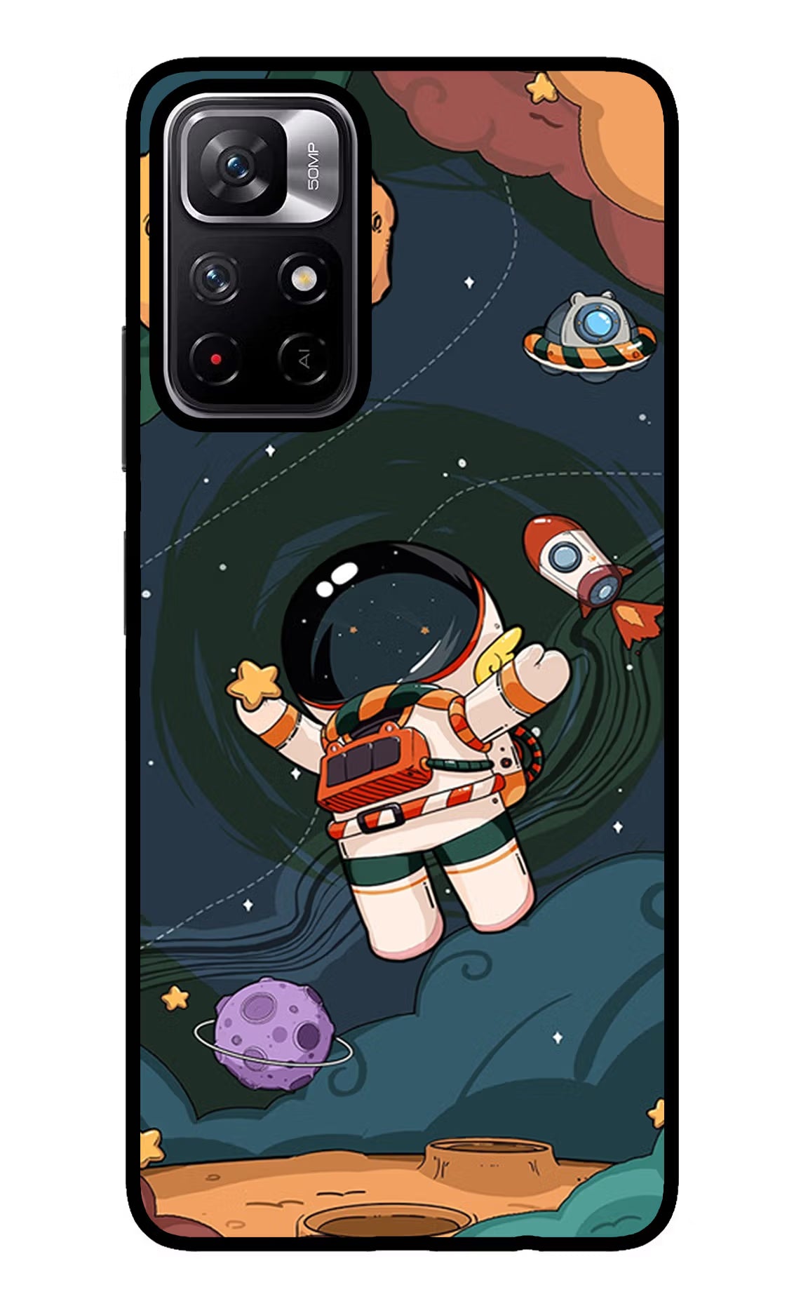 Cartoon Astronaut Redmi Note 11T 5G Glass Case Back Cover by Casekaro
