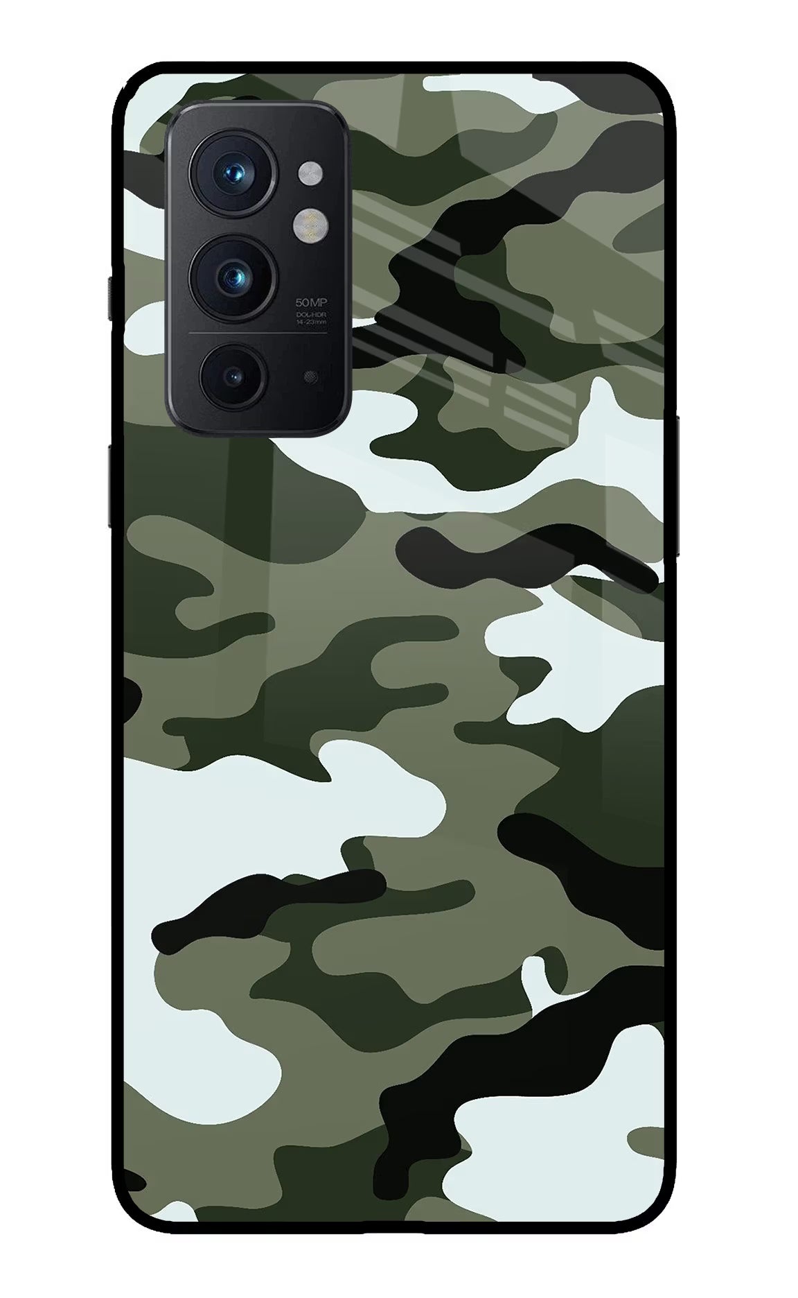 Camouflage Oneplus 9RT Glass Case Back Cover by Casekaro