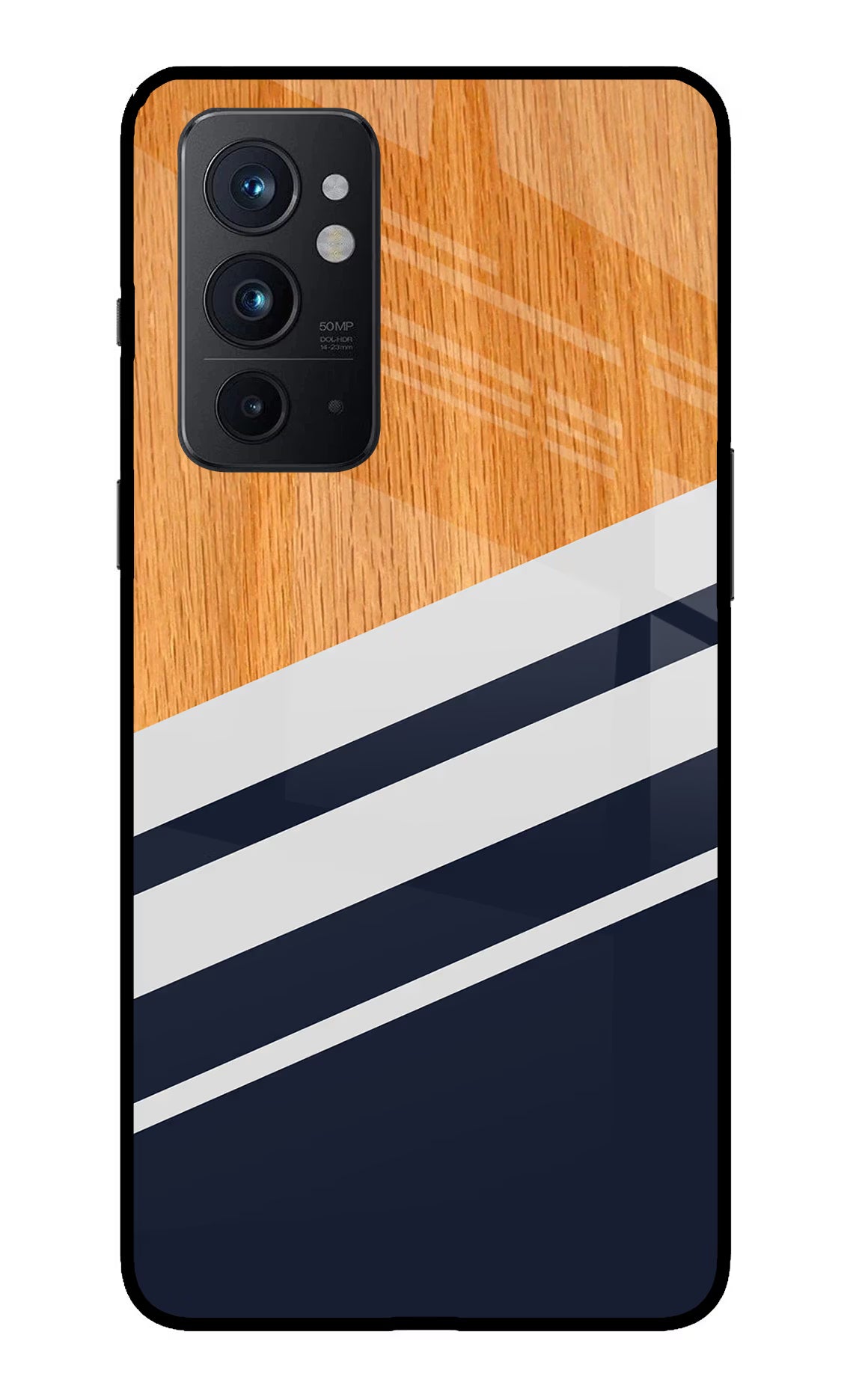 Blue and white wooden Oneplus 9RT Glass Case Back Cover by Casekaro