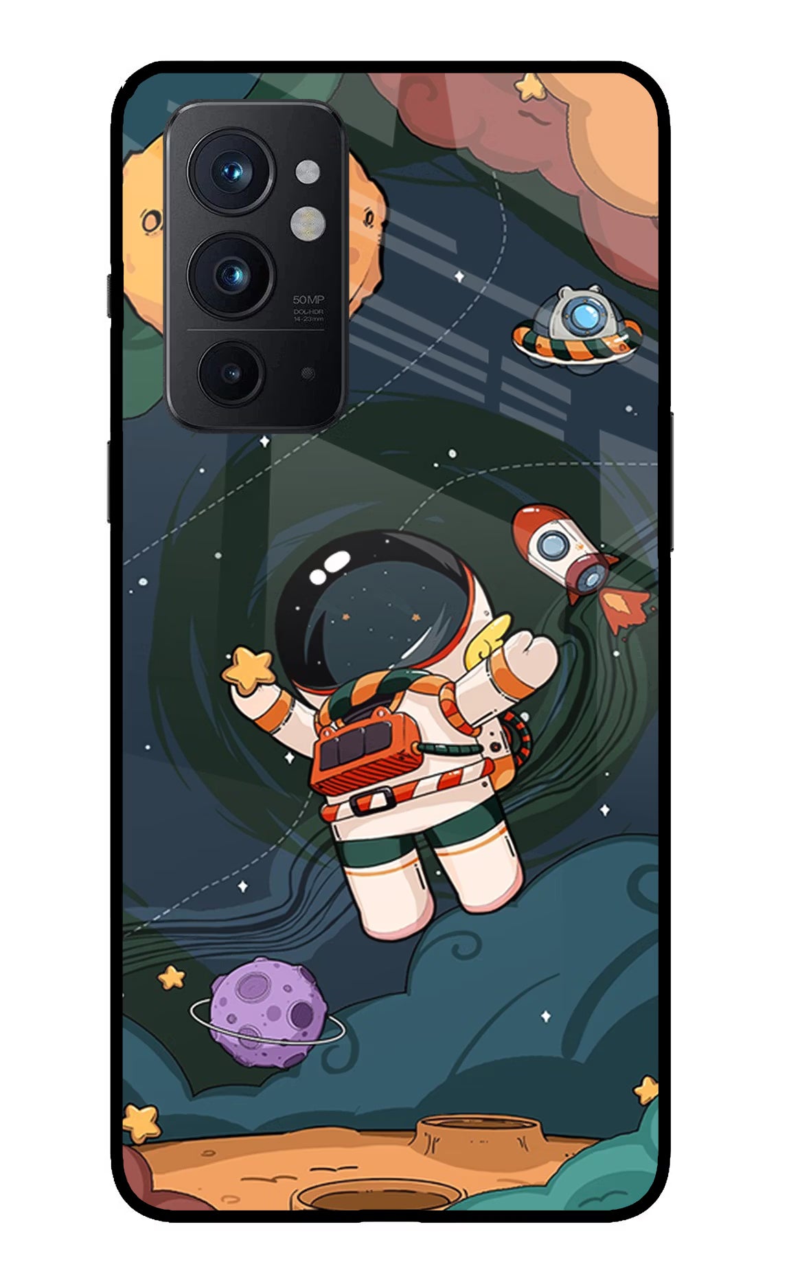 Cartoon Astronaut Oneplus 9RT Glass Case Back Cover by Casekaro