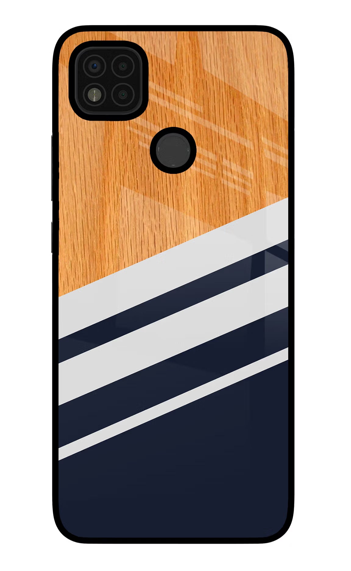 Blue and white wooden Poco C31 Glass Case Back Cover by Casekaro
