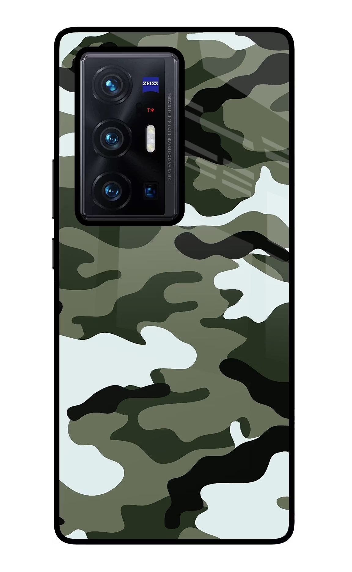 Camouflage Vivo X70 Pro+ Glass Case Back Cover by Casekaro