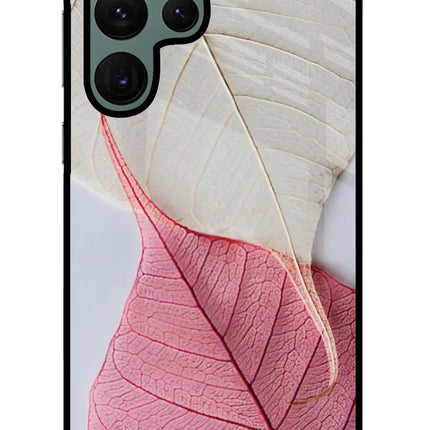 White Pink Leaf Samsung S22 Ultra Glass Case Back Cover by Casekaro