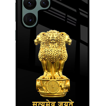 Satyamev Jayate Golden Samsung S22 Ultra Glass Case Back Cover by Casekaro