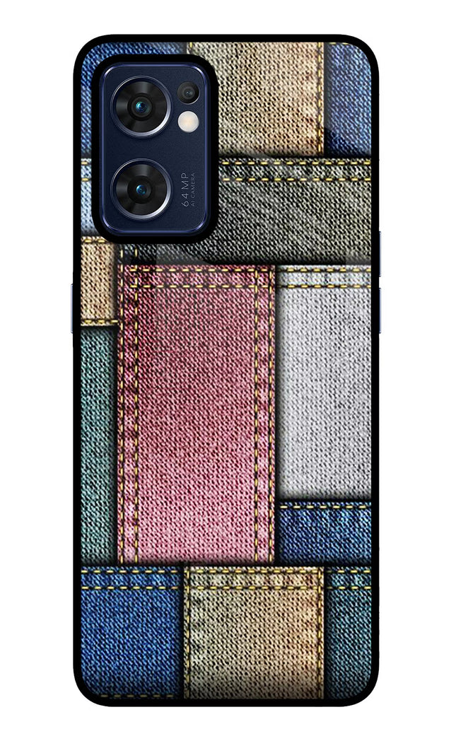 Multicolor Jeans Oppo Reno7 5G Glass Case Back Cover by Casekaro