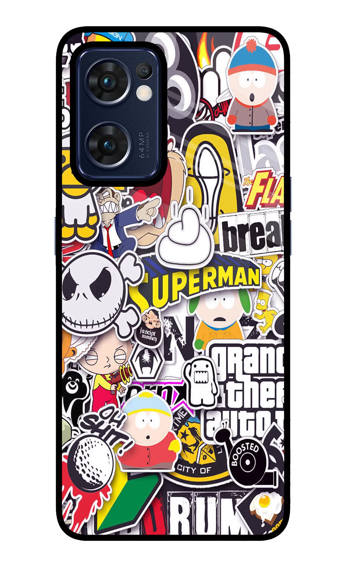 Sticker Bomb Oppo Reno7 5G Glass Case Back Cover by Casekaro