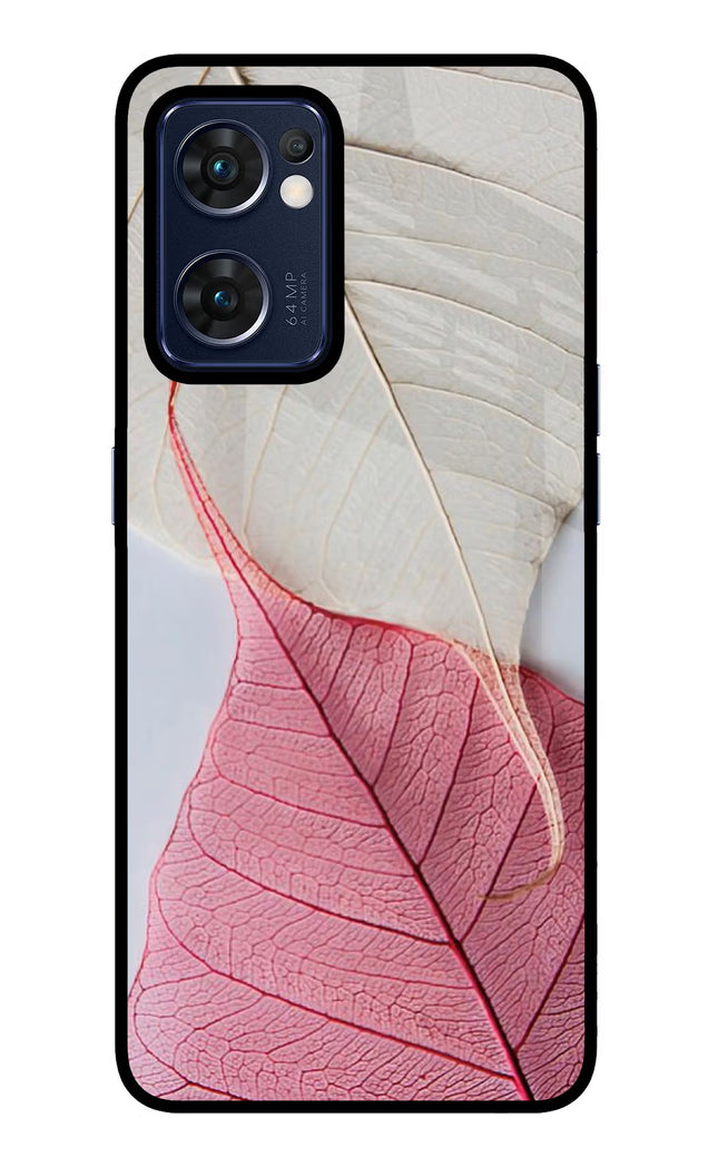 White Pink Leaf Oppo Reno7 5G Glass Case Back Cover by Casekaro
