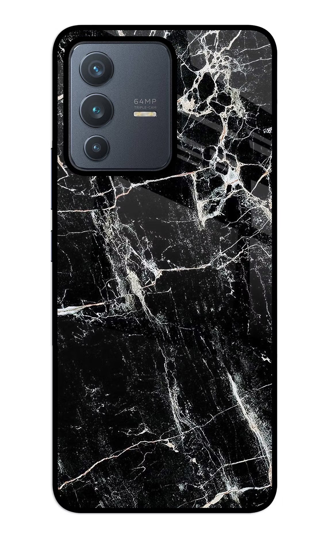Black Marble Texture Vivo V23 5G Glass Case Back Cover by Casekaro