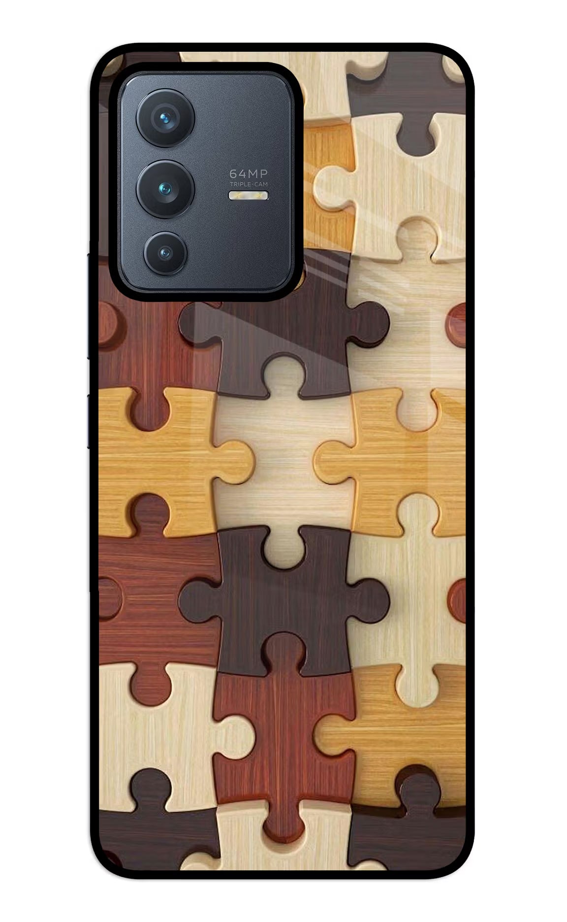 Wooden Puzzle Vivo V23 5G Glass Case Back Cover by Casekaro