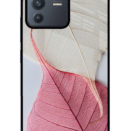White Pink Leaf Vivo V23 5G Glass Case Back Cover by Casekaro