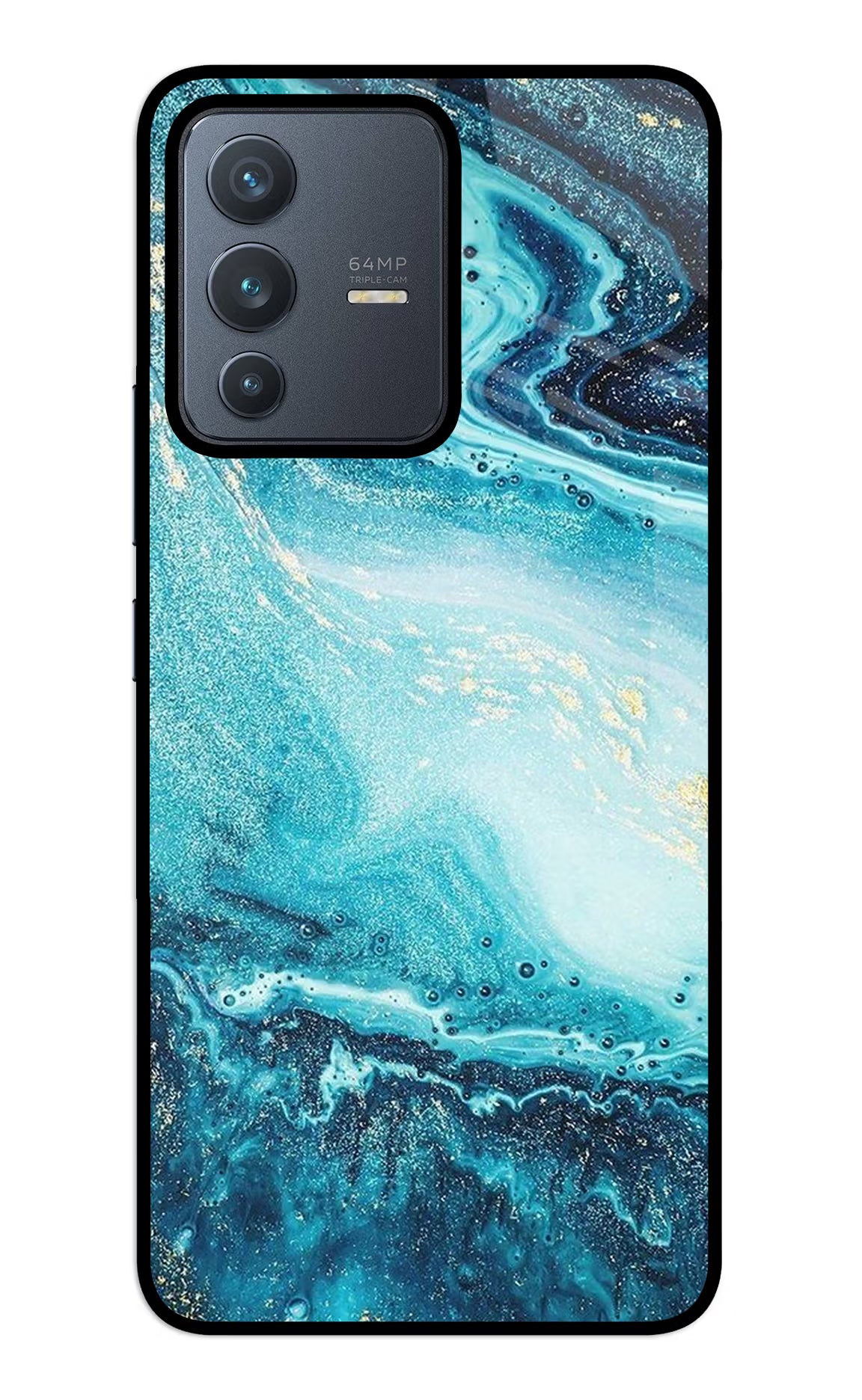 Blue Glitter Marble Vivo V23 5G Glass Case Back Cover by Casekaro