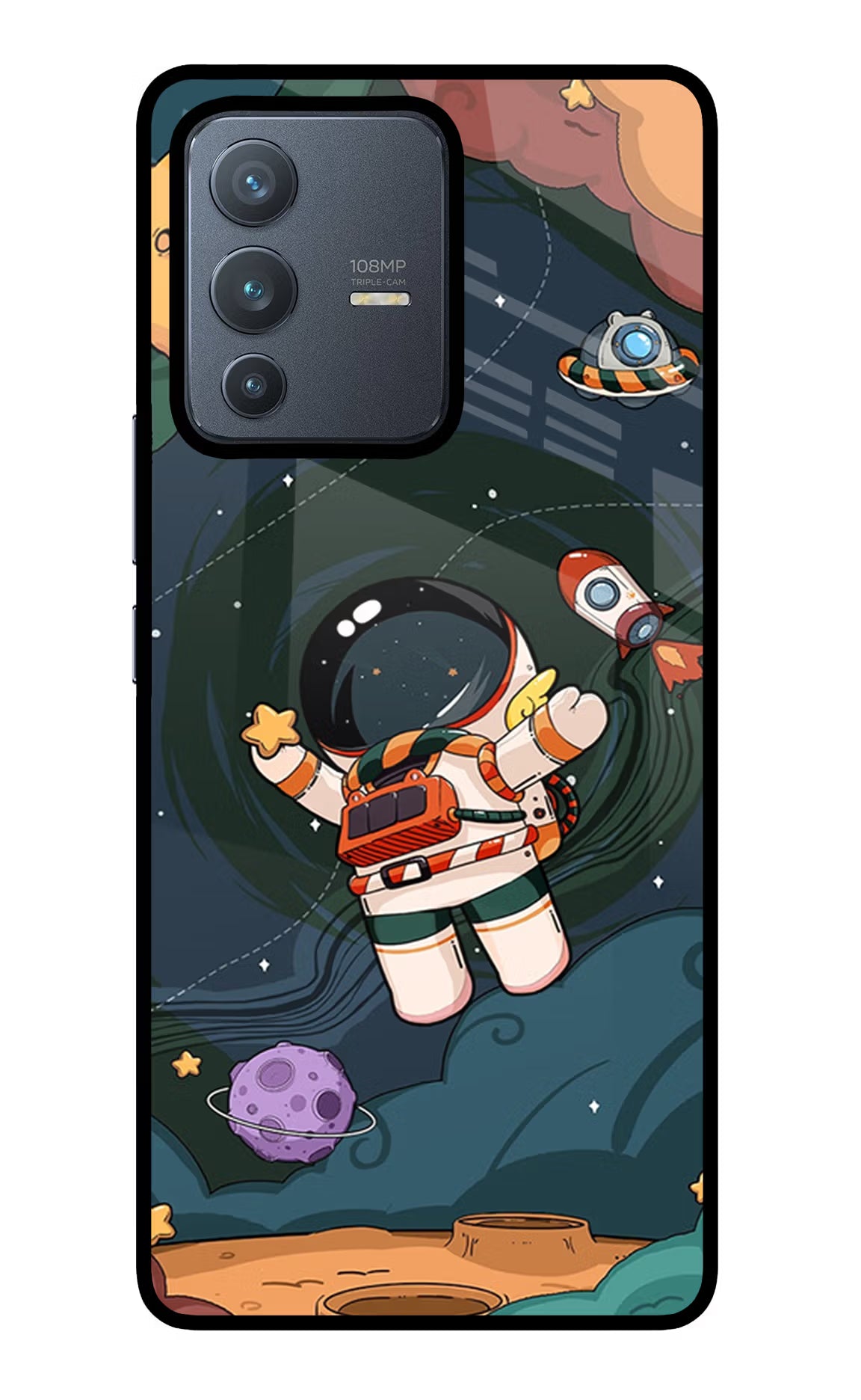 Cartoon Astronaut Vivo V23 Pro 5G Glass Case Back Cover by Casekaro