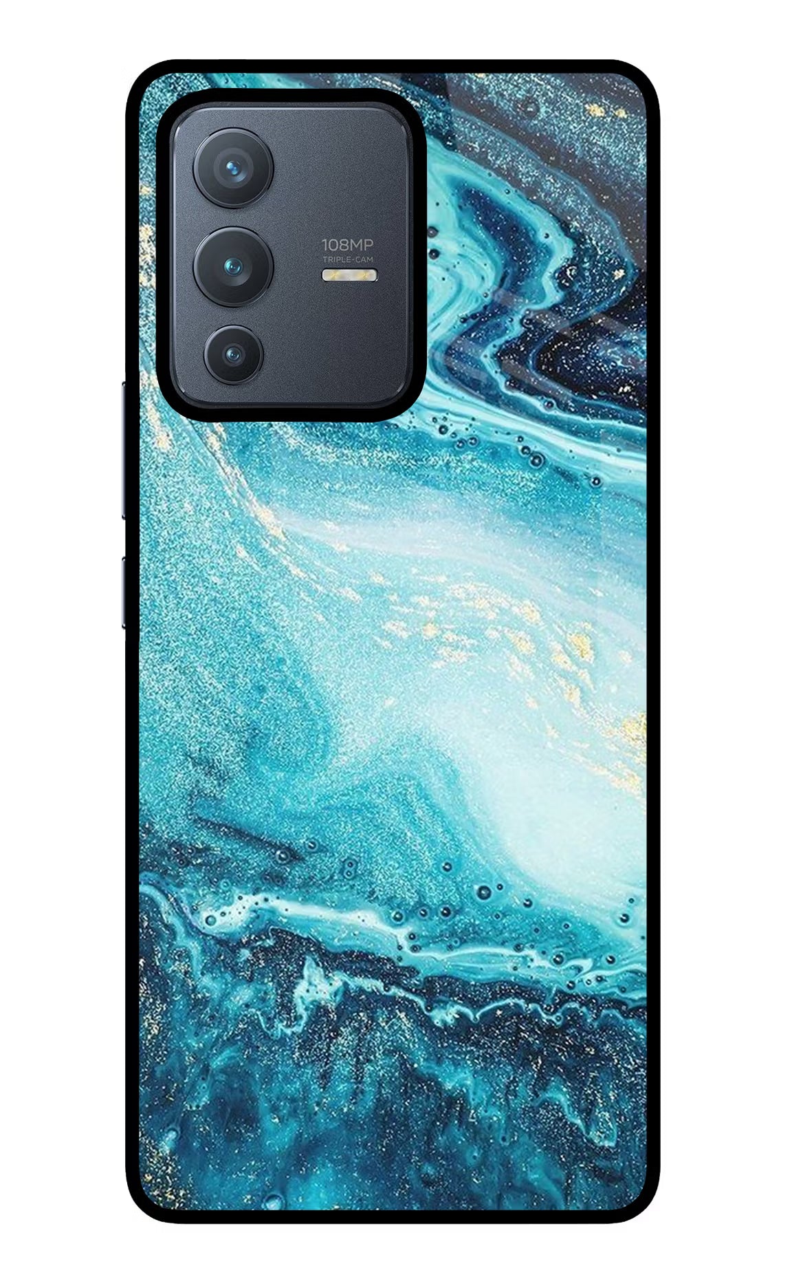 Blue Glitter Marble Vivo V23 Pro 5G Glass Case Back Cover by Casekaro
