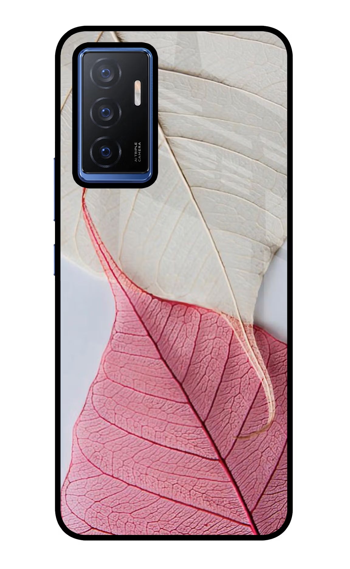 White Pink Leaf Vivo V23E 5G Glass Case Back Cover by Casekaro