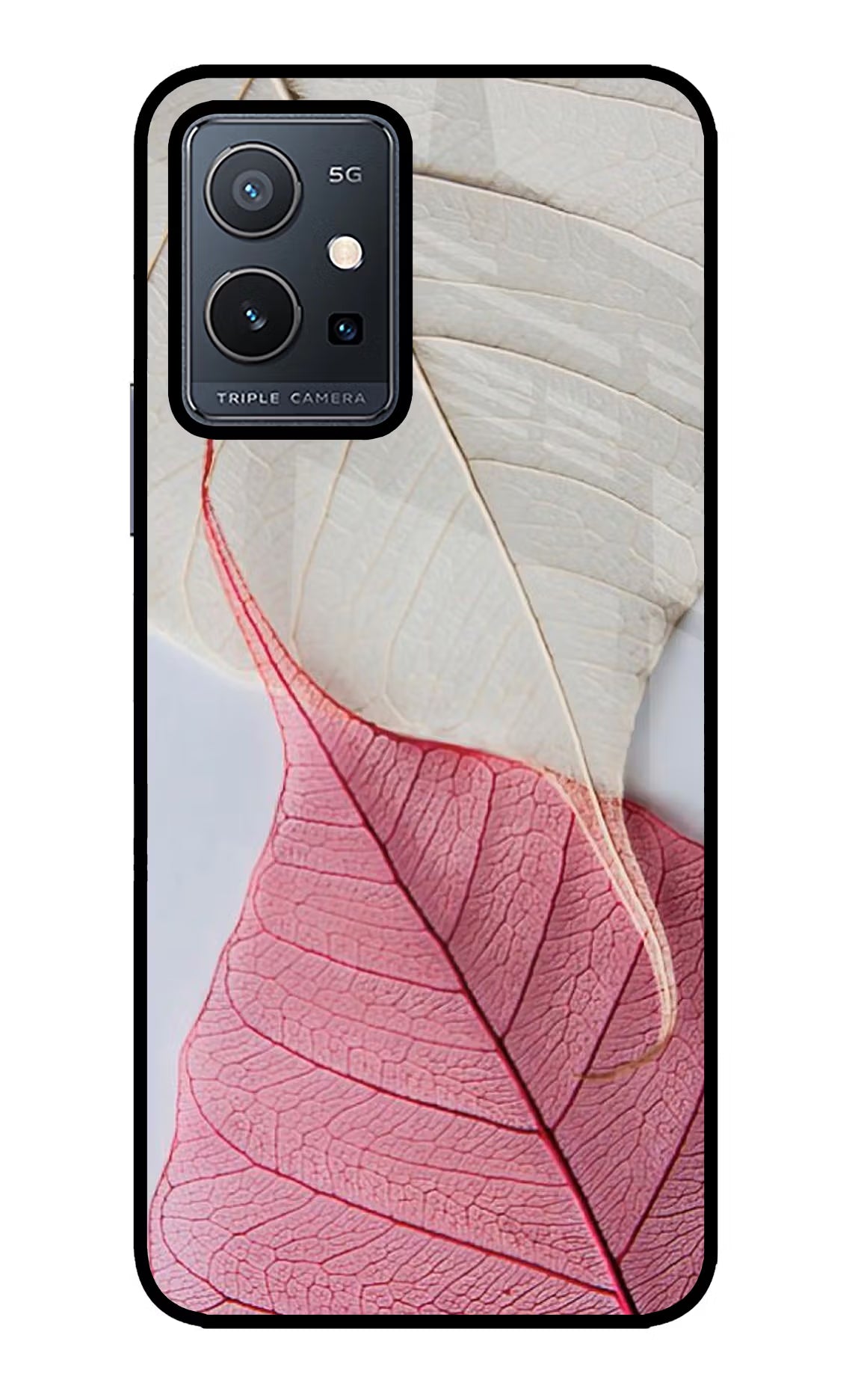 White Pink Leaf Vivo Y75 5G/Vivo T1 5G Glass Case Back Cover by Casekaro