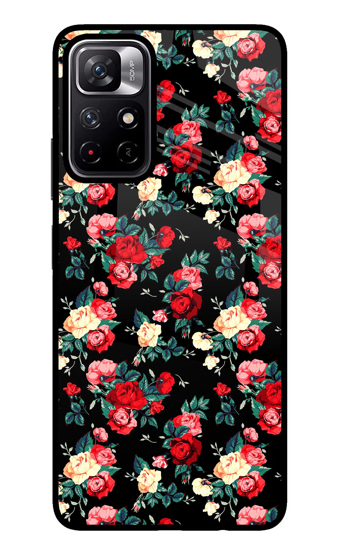 Rose Pattern Poco M4 Pro 5G Glass Case Back Cover by Casekaro