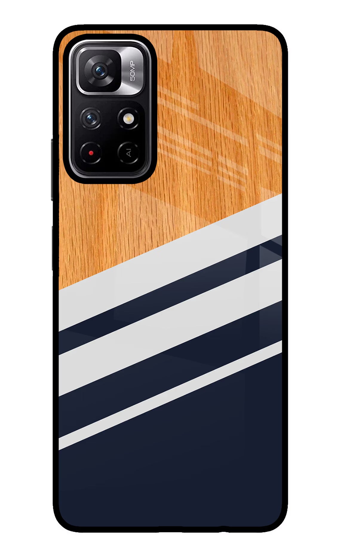 Blue and white wooden Poco M4 Pro 5G Glass Case Back Cover by Casekaro