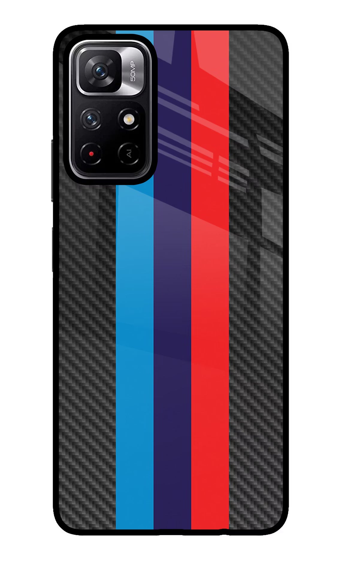 BMW Stripes Pattern Poco M4 Pro 5G Glass Case Back Cover by Casekaro
