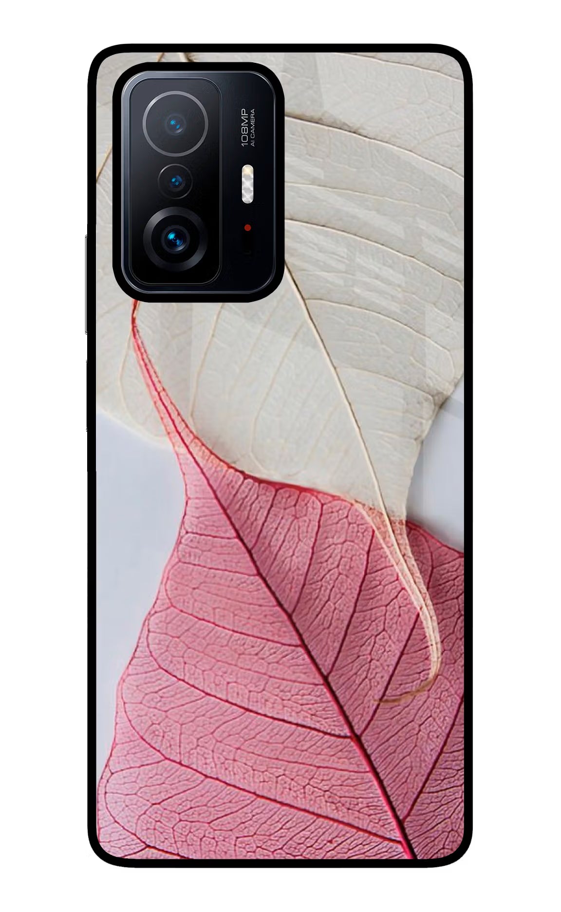 White Pink Leaf Mi 11T Pro 5G Glass Case Back Cover by Casekaro